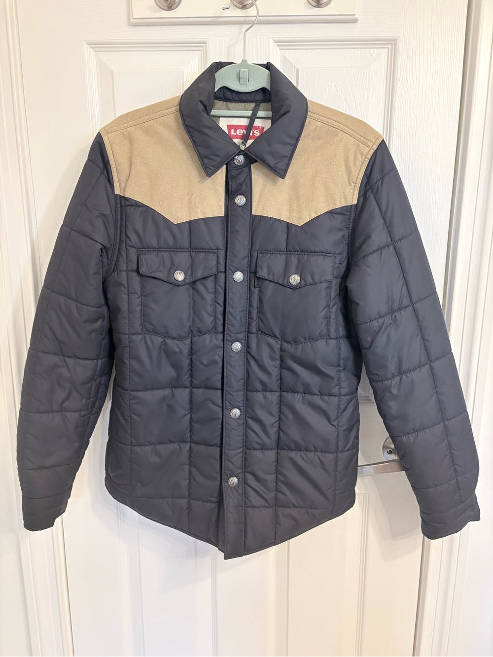 Levi's Navy Quilted Puffer Jacket with Tan Suede